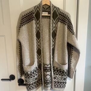 Lucky Brand Aztec Southwestern Cardigan Sz Large Pockets Open Faced Knit boho